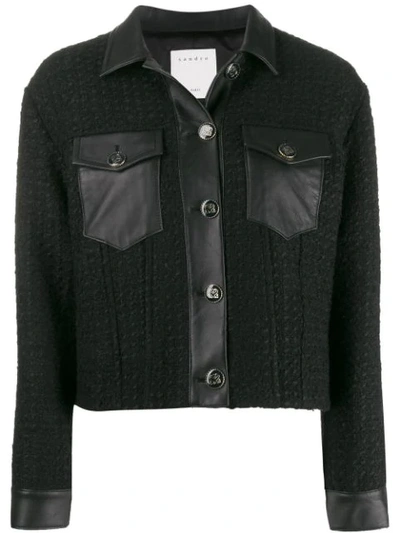 Sandro Cropped Leather-trim Boucle Jacket In Noir