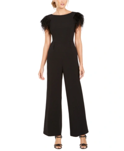 Calvin Klein Faux-feather Wide-leg Jumpsuit In Black