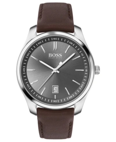 Hugo Boss Men's Circuit Brown Leather Strap Watch 42mm Women's Shoes In Silver/brown
