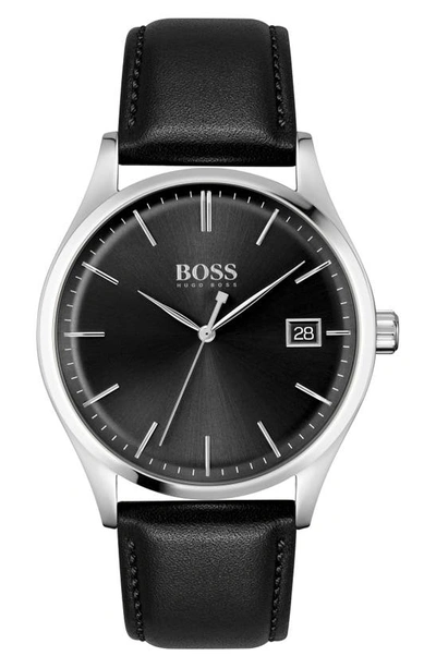 Hugo Boss Men's Commissioner Black Leather Strap Watch 42mm Women's Shoes In Silver