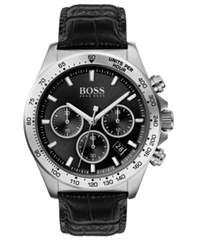 Hugo Boss Men's Chronograph Hero Black Leather Strap Watch 43mm Women's Shoes