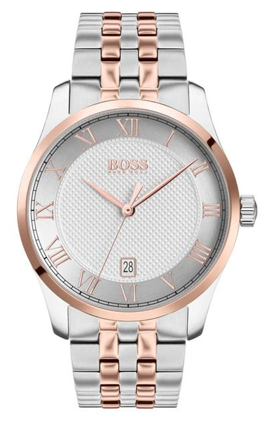 Hugo Boss Men's Master Two-tone Stainless Steel Bracelet Watch 41mm In Silver/ Rose Gold