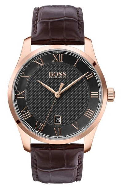 Hugo Boss Men's Master Brown Leather Strap Watch 41mm Women's Shoes In Brown/ Grey/ Rose Gold