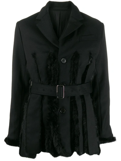 Comme Des Garçons Faux Fur Panel Belted Jacket In Black