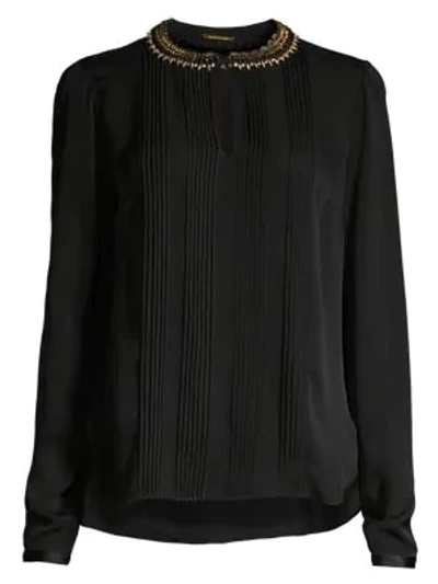 Elie Tahari Sima Studded Collar Pintucked Silk Blouse In Black