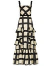 Johanna Ortiz Grid-print Ruffle Embellished-strap Silk Gown In Black