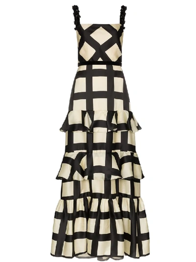 Johanna Ortiz Grid-print Ruffle Embellished-strap Silk Gown In Black
