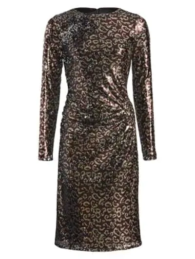 Teri Jon By Rickie Freeman Sequin Leopard Print Sheath Dress In Gold Mutli
