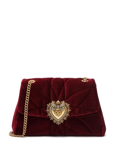 Dolce & Gabbana Large Devotion Shoulder Bag In Quilted Velvet In Red