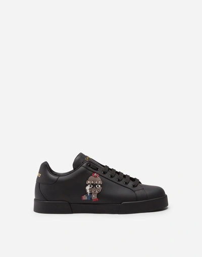Dolce & Gabbana Calfskin Portofino Sneakers With Patches Of The Designers