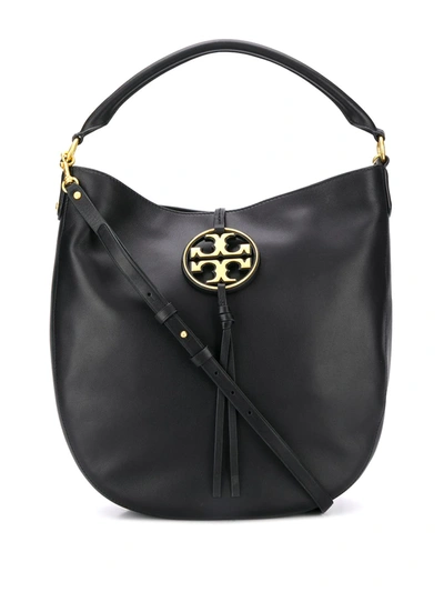 Tory Burch Miller Metal-logo Slouchy Hobo Bag In Black/gold