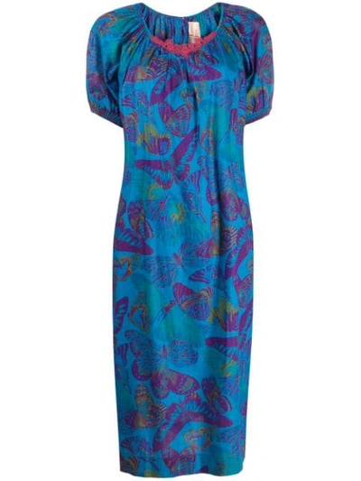 Pre-owned Krizia 1980s Butterfly Print Dress In Blue