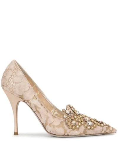 René Caovilla Embellished Lace Pumps In Gold