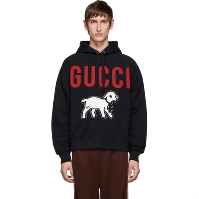 Gucci Lamb-print Cotton Hooded Sweatshirt In Black