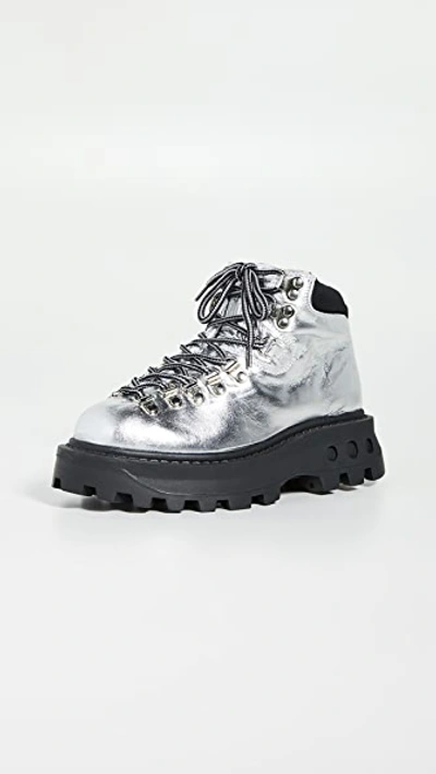 Simon Miller High Tracker Shell-trimmed Metallic Leather Ankle Boots In Silver