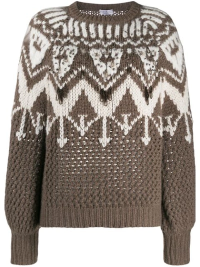 Brunello Cucinelli Bead-embellished Fair Isle Cashmere Sweater In Brown
