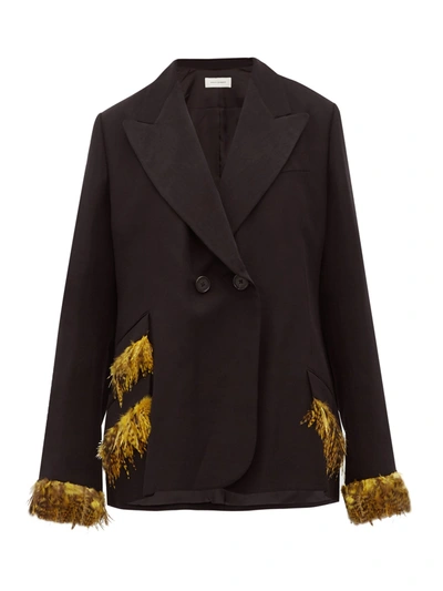 Wales Bonner Feather-trimmed Double-breasted Woven Blazer In Black