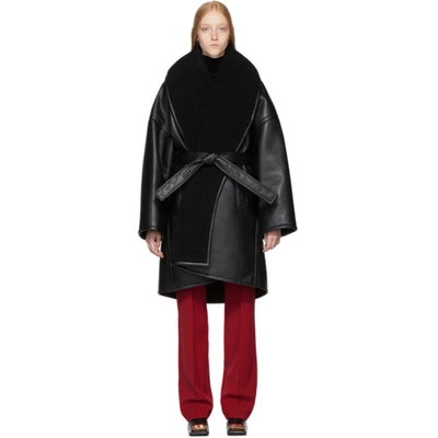 Balenciaga Oversized Belted Faux Shearling-trimmed Faux Leather Coat In Noir