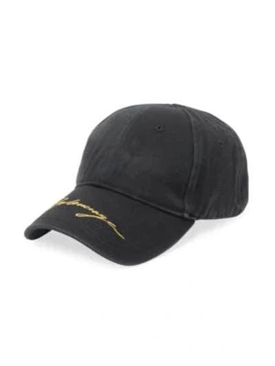 Balenciaga Men's Embroidered Signature Baseball Hat In Black Gold