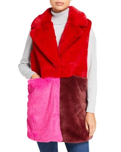 Heurueh Colorblock Faux Fur Vest In Red Multi