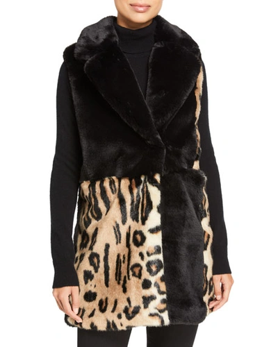 Heurueh Colorblock Faux Fur Vest In Black/leopard