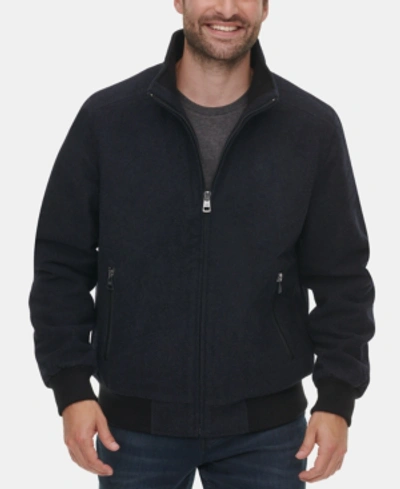 Iconic American Designer Men's Wool Bomber Jacket With Knit Trim In Blue Heather