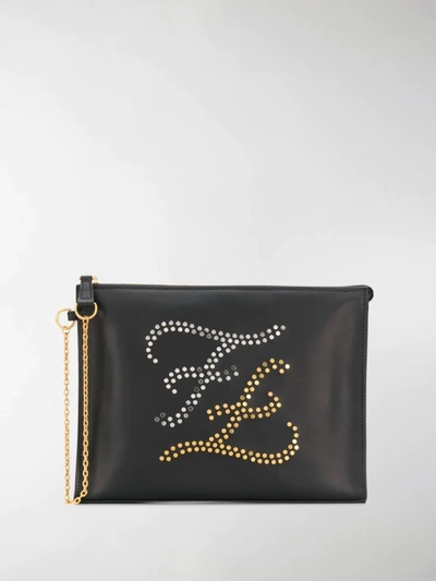 Fendi Karligraphy Studded Pouch In Black