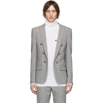 Balmain Black & White Prince Of Wales Double-breasted Blazer In Grey