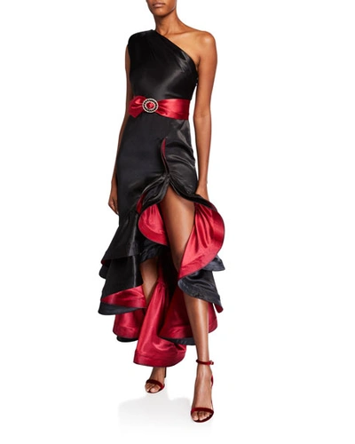 Bronx And Banco Rumba One-shoulder Ruffle Gown With Asymmetric Slit Hem In Black/red