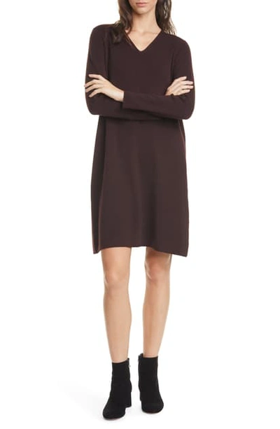 Eileen Fisher Petite Washed Fine Wool Crepe V-neck Long-sleeve Dress In Cassis