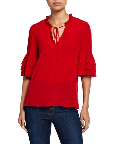 Alice And Olivia Julius Split-neck Tiered-sleeve Silk Tunic Top In Red