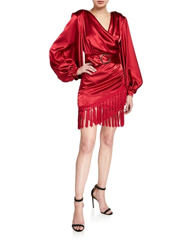 Bronx And Banco Carmen Belted Long-sleeve Fringe-hem Mini Satin Wrap Dress In Maroon