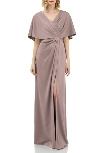 Kay Unger Luna Stretch Faille Portrait-neck Cape-sleeve Gathered Gown In Mink