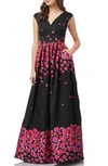 Carmen Marc Valvo Infusion V-neck Floral Brocade Sleeveless Banded A-line Gown In Black/ Raspberry