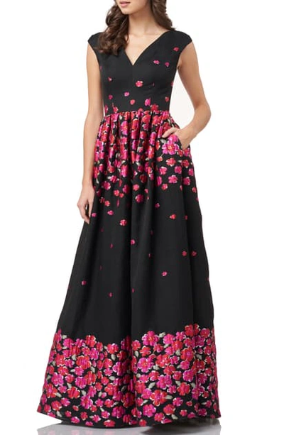 Carmen Marc Valvo Infusion V-neck Floral Brocade Sleeveless Banded A-line Gown In Black/ Raspberry
