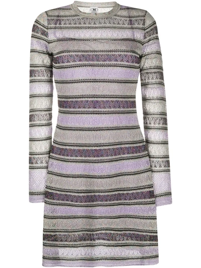 M Missoni Metallic Striped Long-sleeve Ruffle Edge Dress In Purple