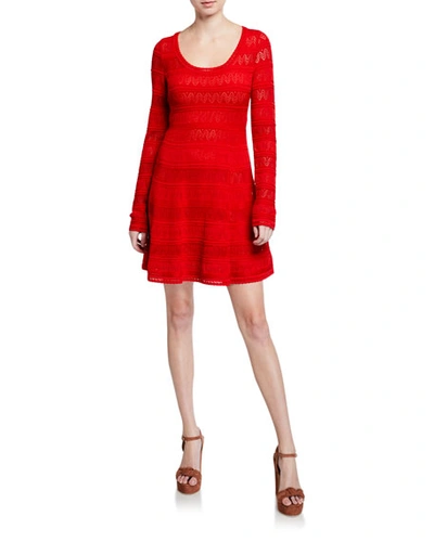 M Missoni Long-sleeve Scoop-neck Fit-&-flare Dress In Red