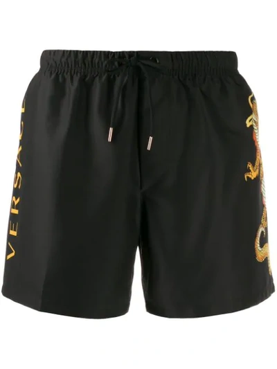 Versace Dragon Motif Swim Shorts In Black