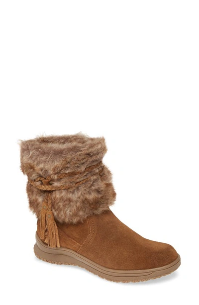 Minnetonka Everett Water Resistant Faux Fur Boot In Dusty Brown Suede/ Faux Fur