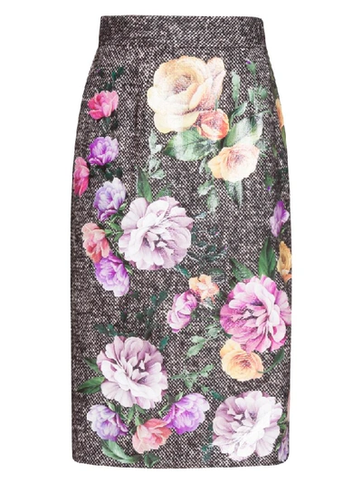 Dolce & Gabbana Tweed Midi Skirt With Laminated Flower Patches In Multicolor