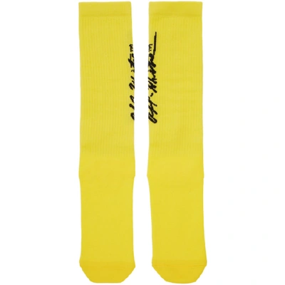 Off-white Yellow Women's Cursive Logo Intarsia Socks In Yellow/blac