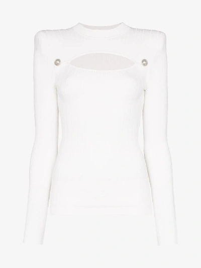 Balmain Button-embellished Cutout Ribbed-knit Top In White
