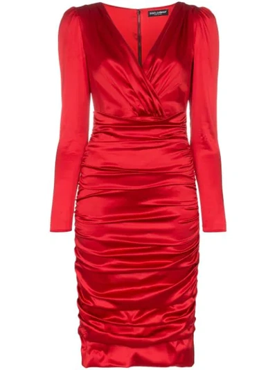 Dolce & Gabbana Draped Stretch Satin Midi Dress In Red
