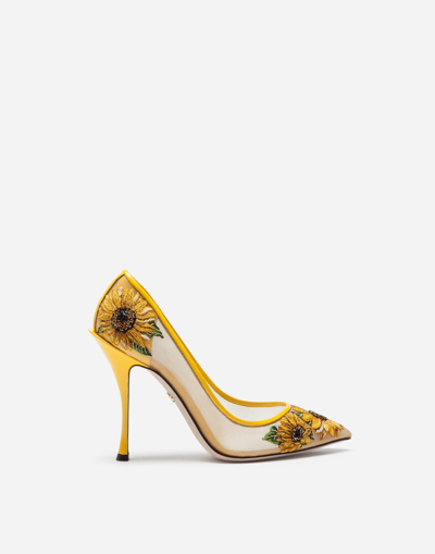 Dolce & Gabbana Sunflower-embroidered Point-toe Mesh Pumps In Floral Print