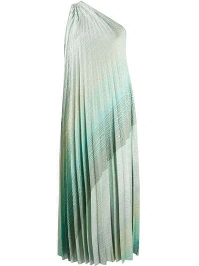 Missoni One-shoulder Plisse Metallic Stripe Knit Gown In Green