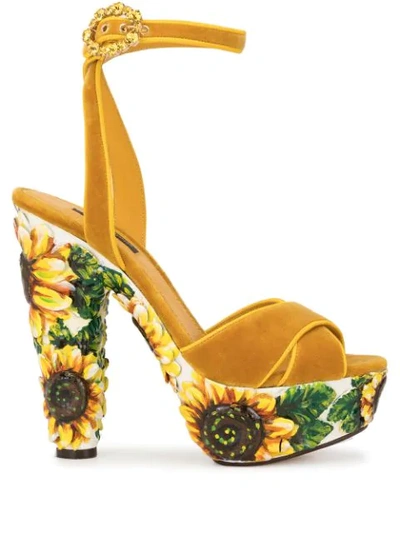 Dolce & Gabbana Platform Velvet Sandal With Painted Sunflowers In Yellow