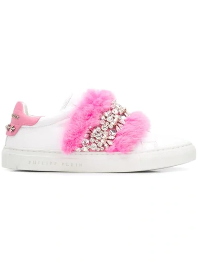 Philipp Plein Faux Fur Embellished Low Top Sneakers In White
