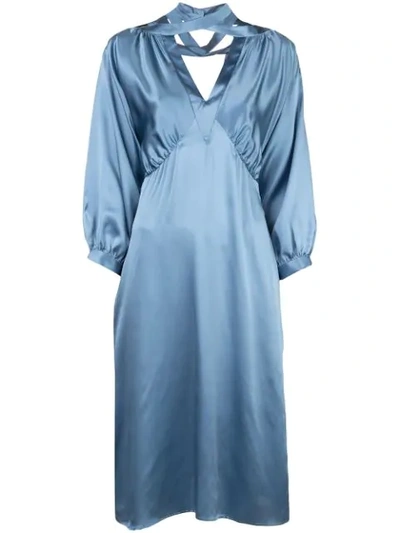 Fete Imperiale Crossover V-neck Silk Dress In Blue