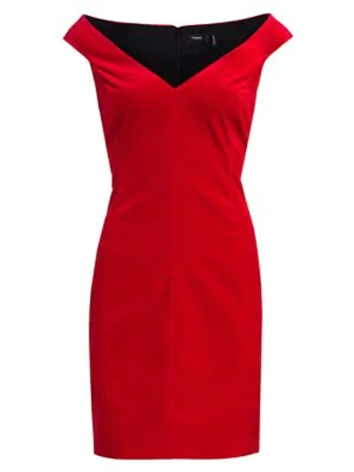 Theory Paneled Off-shoulder Stretch Velvet Dress In Bright Red
