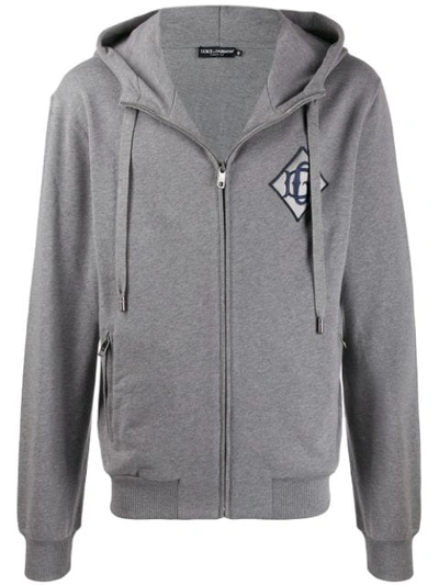 Dolce & Gabbana Zip-up Hoodie With Monogram Patch In Grey